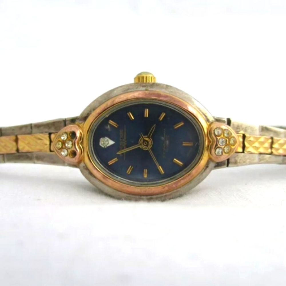 Prestige by Waltham Wristwatch Gold & Silver Tone Blue Oval Shaped Face